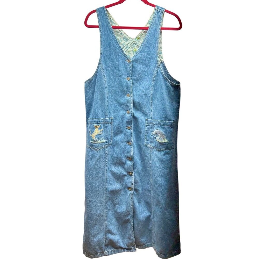 VTG Disney Denim Pooh Jumper Dress Sz L Embroidered Tigger Light Wash Cottage